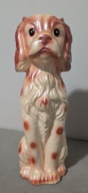 Vintage Japan Staffordshire Dog Figurine, Ceramic Red Polka Dot Spaniel Statue